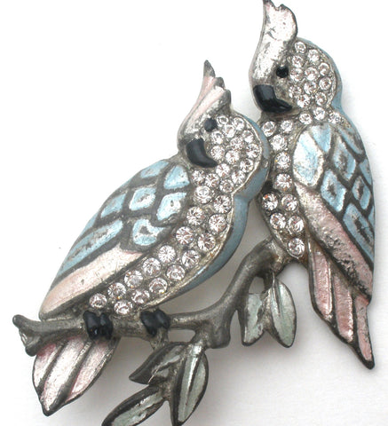 Double Blue Bird Brooch Pin With Paste Rhinestones