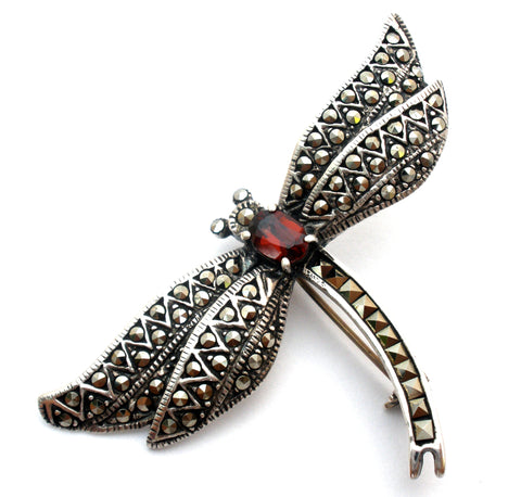 Dragonfly Brooch Pin With Garnet & Marcasites
