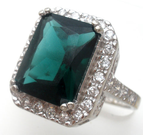 Emerald Green Cubic Zirconia Halo Ring 925 Size 7