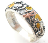 Enamel Flower & Dragonfly Ring Sterling Size 7