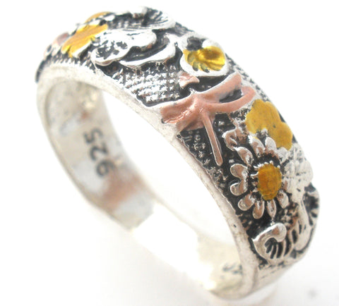 Enamel Flower & Dragonfly Ring Sterling Size 7