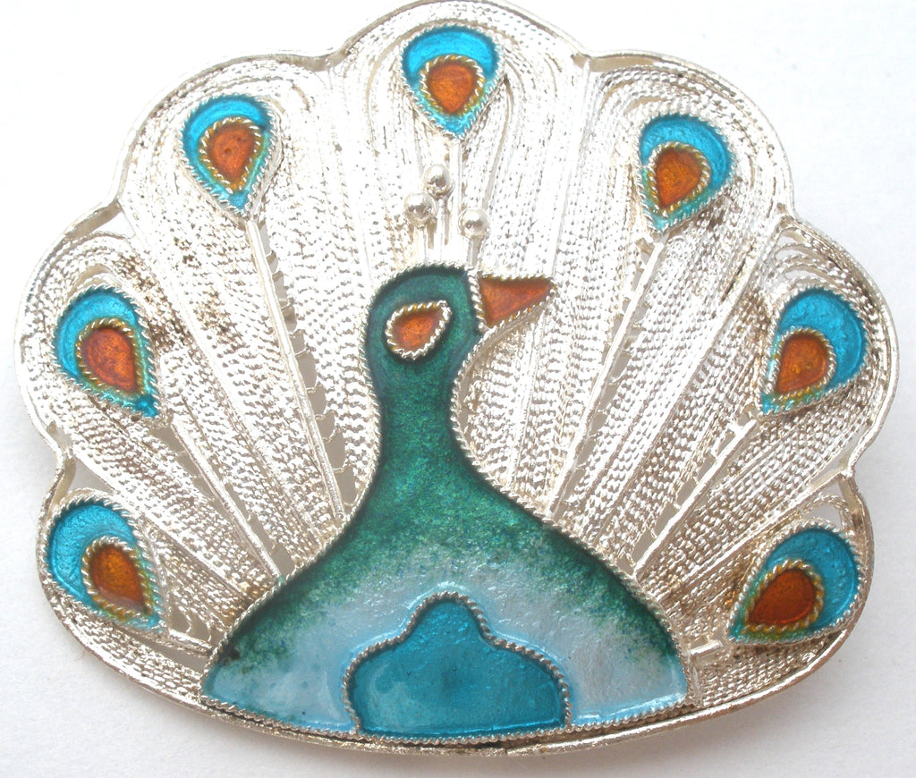 Enamel Peacock Brooch Sterling Silver Vintage