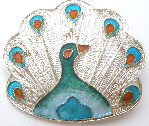 Enamel Peacock Brooch Sterling Silver Vintage