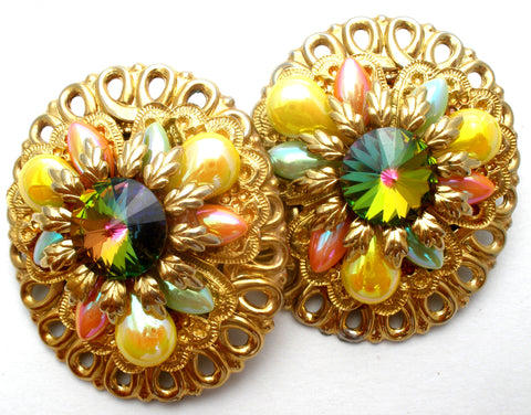Fantiques Multi Color Rivoli Rhinestone Earrings Vintage