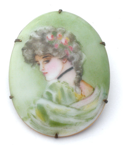 Hand Painted Portrait Lady Brooch Victorian