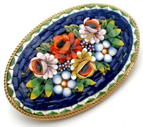 Italian Oval Mosaic Flower Brooch Pin Vintage