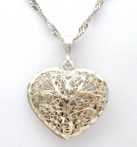 Italian Sterling Silver Filigree Heart Necklace 26"