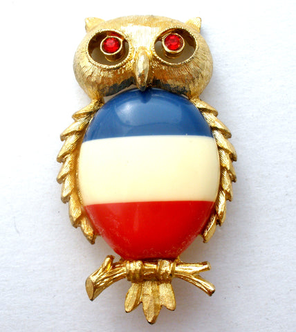 JJ Red White & Blue Owl Brooch Pin Vintage