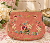 Vintage Pink Floral Petit Point Needlepoint Purse Bag