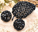 Leaf Brooch Jewelry Set Black Enamel & Rhinestones - The Jewelry Lady's Store