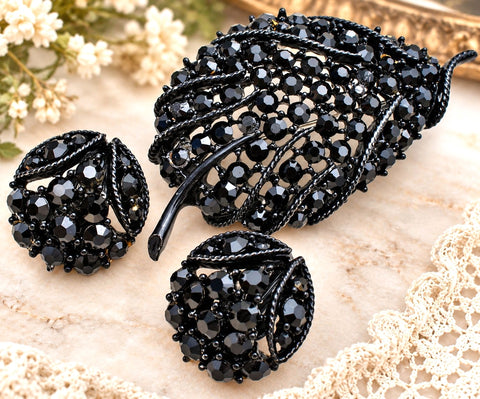 Leaf Brooch Jewelry Set Black Enamel & Rhinestones