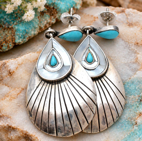 Turquoise & MOP Sterling Silver Earrings Southwestern