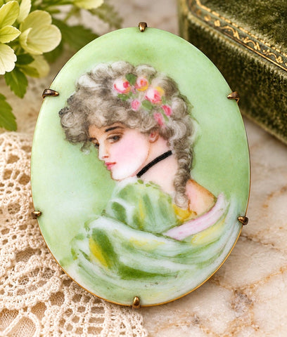 Hand Painted Miniature Portrait Lady Brooch Victorian