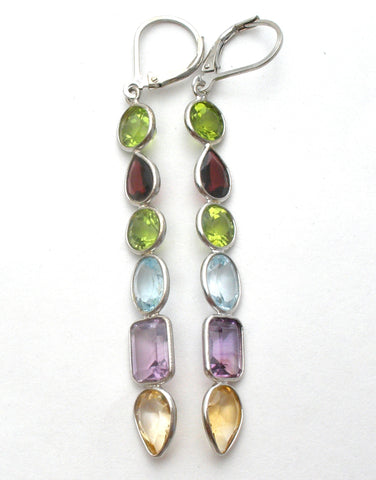 Long Multi Gem Earrings Sterling Silver