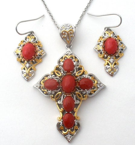 Michael Valitutti Red Coral Cross Necklace Set 925