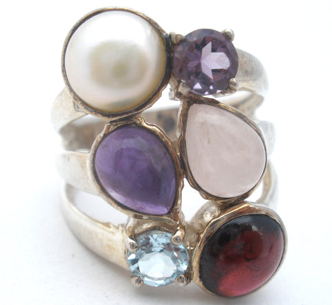 Multi Gemstone Ring Sterling Silver Size 8