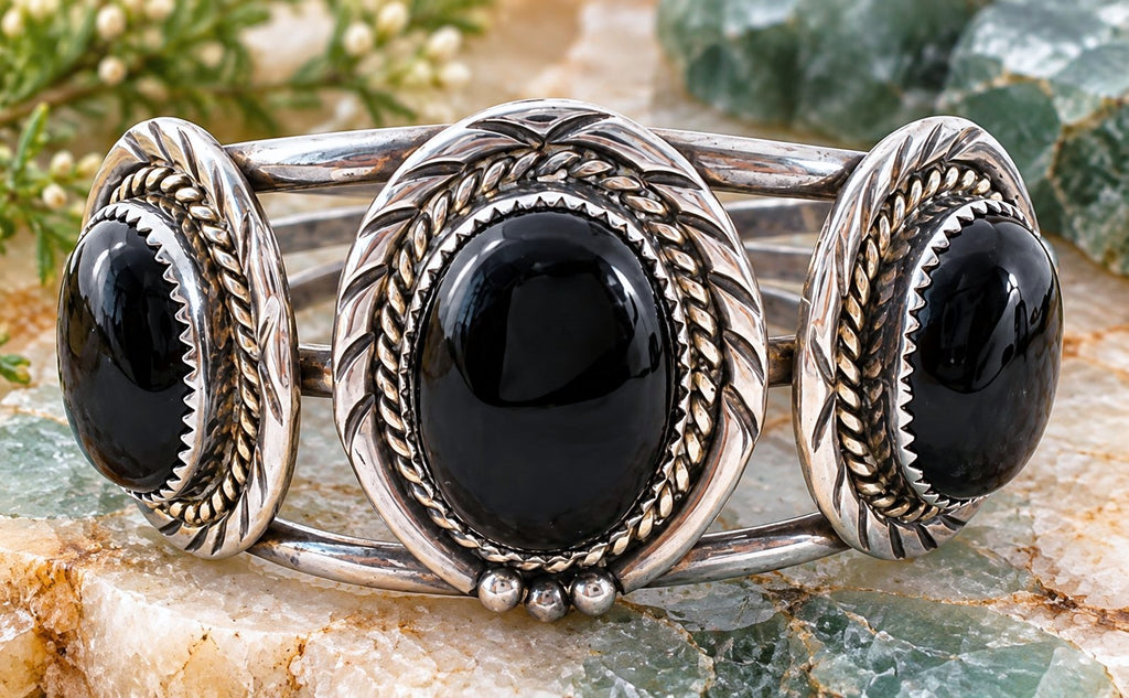 Navajo Wide Black Onyx Cuff Bracelet Sterling Silver Vintage - The Jewelry Lady's Store