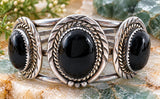 Navajo Wide Black Onyx Cuff Bracelet Sterling Silver Vintage - The Jewelry Lady's Store