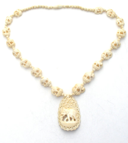 Carved Bone Elephant Bead Necklace 18"