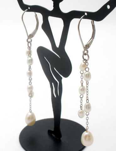 14K White Gold Dangle Pearl Earrings LeverBack