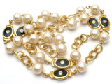 Pearl Rhinestone & Black Enamel Necklace 32" - The Jewelry Lady's Store