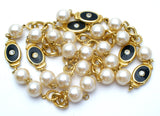 Pearl Rhinestone & Black Enamel Necklace 32" - The Jewelry Lady's Store