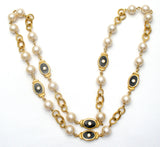 Pearl Rhinestone & Black Enamel Necklace 32" - The Jewelry Lady's Store