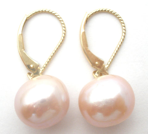 Pink Pearl Drop Dangle Earrings 14K Gold