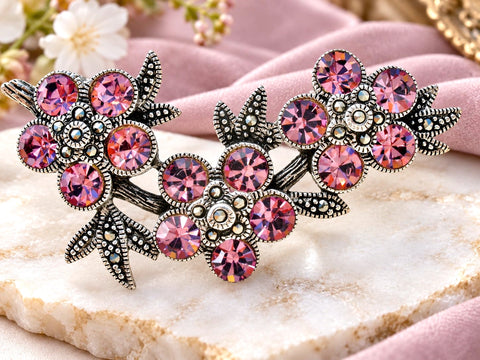 Pink Crystal Flower Brooch Sterling Silver Pin