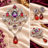 Purple & Red Crystal Pendant Brooch With Earrings