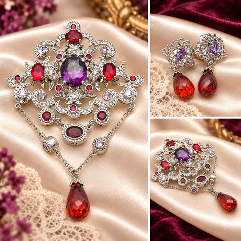 Purple & Red Crystal Pendant Brooch With Earrings