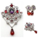Purple & Red Crystal Pendant Brooch With Earrings