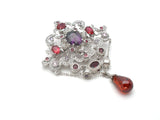 Purple & Red Crystal Pendant Brooch With Earrings
