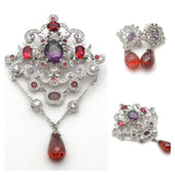 Purple & Red Crystal Pendant Brooch With Earrings