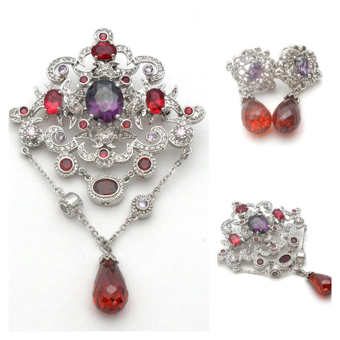 Purple & Red Crystal Pendant Brooch With Earrings
