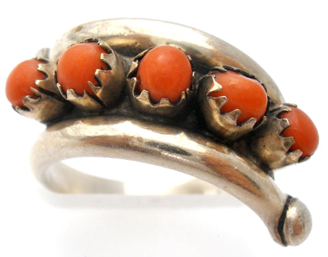 Red Coral Petit Point Ring Sterling Silver Vintage