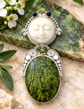 Sajen Carved Moon Face Green Pendant Brooch Sterling Silver - The Jewelry Lady's Store
