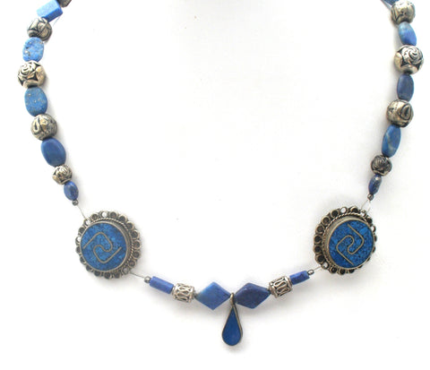 Silver Lapis Lazuli Bead Necklace 17" Long