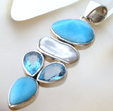 Sterling Blue Topaz Larimar & Pearl Pendant Arya