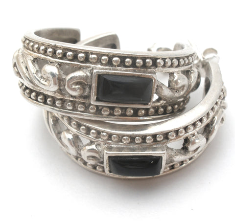 Sterling Silver Black Onyx Hoop Earrings Vintage