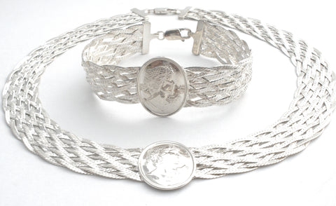 Sterling Silver Braided Cameo Necklace & Bracelet Set Milor