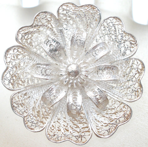 Sterling Silver Cannetille Flower Brooch Pin Vintage