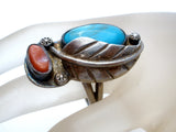 Coral Turquoise Leaf Ring Size 7 Sterling Silver - The Jewelry Lady's Store