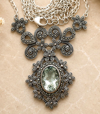 Sterling Silver Prasiolite & Marcasite Lavalier Necklace