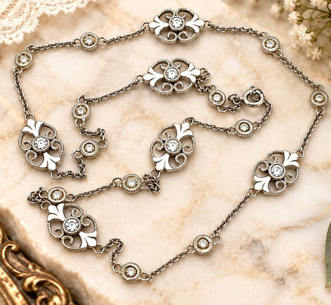 Sterling Silver Floral Scroll White Topaz Station Necklace
