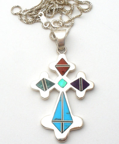 Sterling Silver Inlay Cross Pendant Necklace