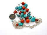 Turquoise & Coral Nugget Bead Necklace Sterling Silver