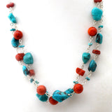 Turquoise & Coral Nugget Bead Necklace Sterling Silver