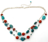 Turquoise & Coral Nugget Bead Necklace Sterling Silver