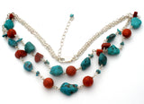 Turquoise & Coral Nugget Bead Necklace Sterling Silver